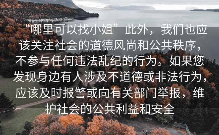 “哪里可以找小姐”此外，我們也應該關注社會的道德風尚和公共秩序，不參與任何違法亂紀的行為。如果您發現身邊有人涉及不道德或非法行為，應該及時報警或向有關部門舉報，維護社會的公共利益和安全