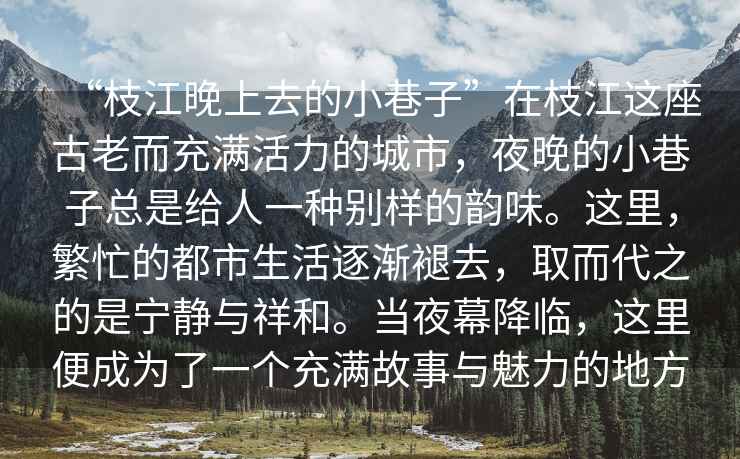 “枝江晚上去的小巷子”在枝江這座古老而充滿活力的城市，夜晚的小巷子總是給人一種別樣的韻味。這里，繁忙的都市生活逐漸褪去，取而代之的是寧靜與祥和。當夜幕降臨，這里便成為了一個充滿故事與魅力的地方